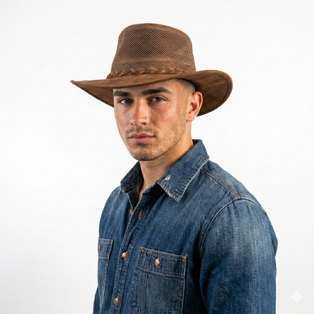 Henschel Mens Leather Outback Breezer Hat Brown XL